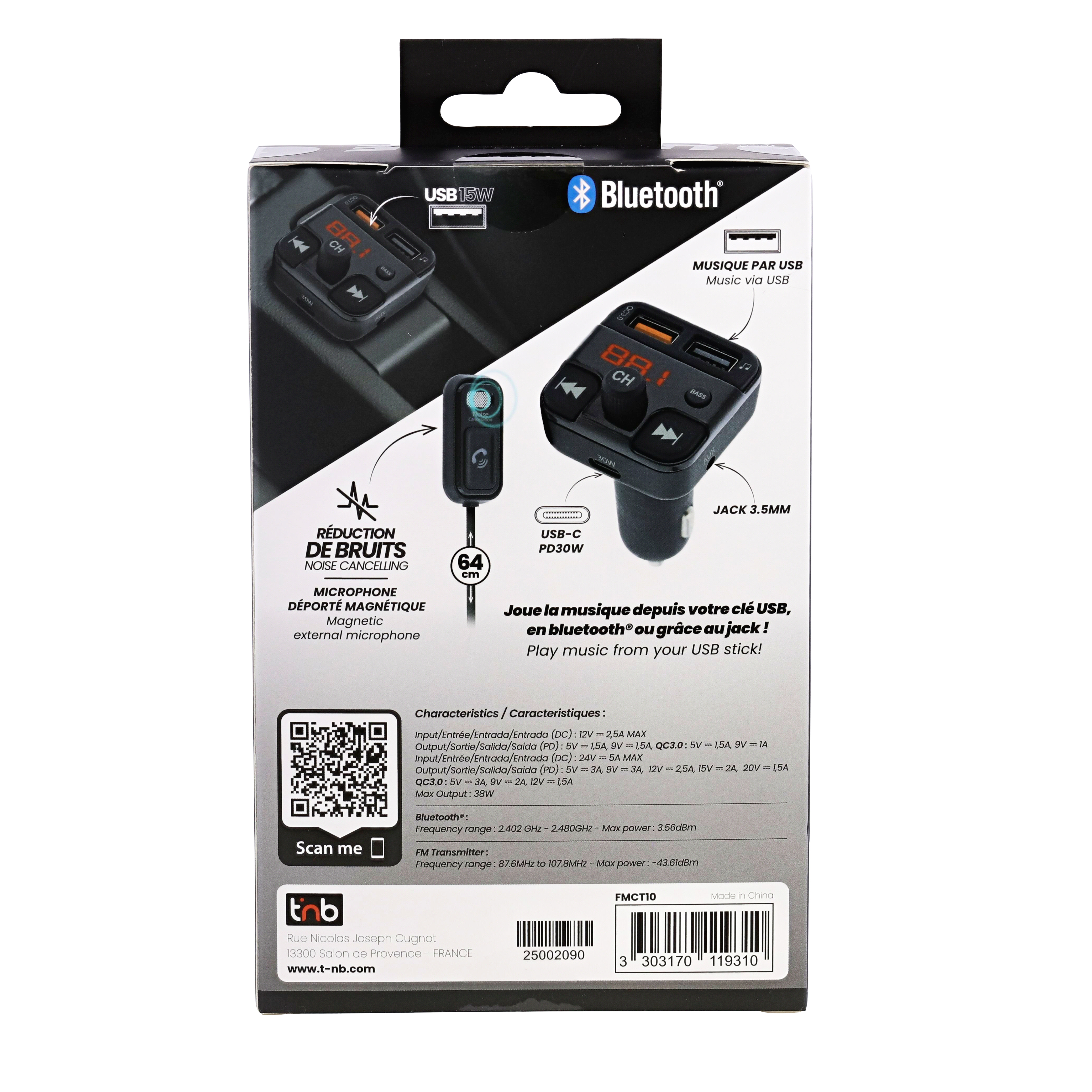 Egy fekete Bluetooth FM adó USB-C, QC3.0 és AUX portokkal.