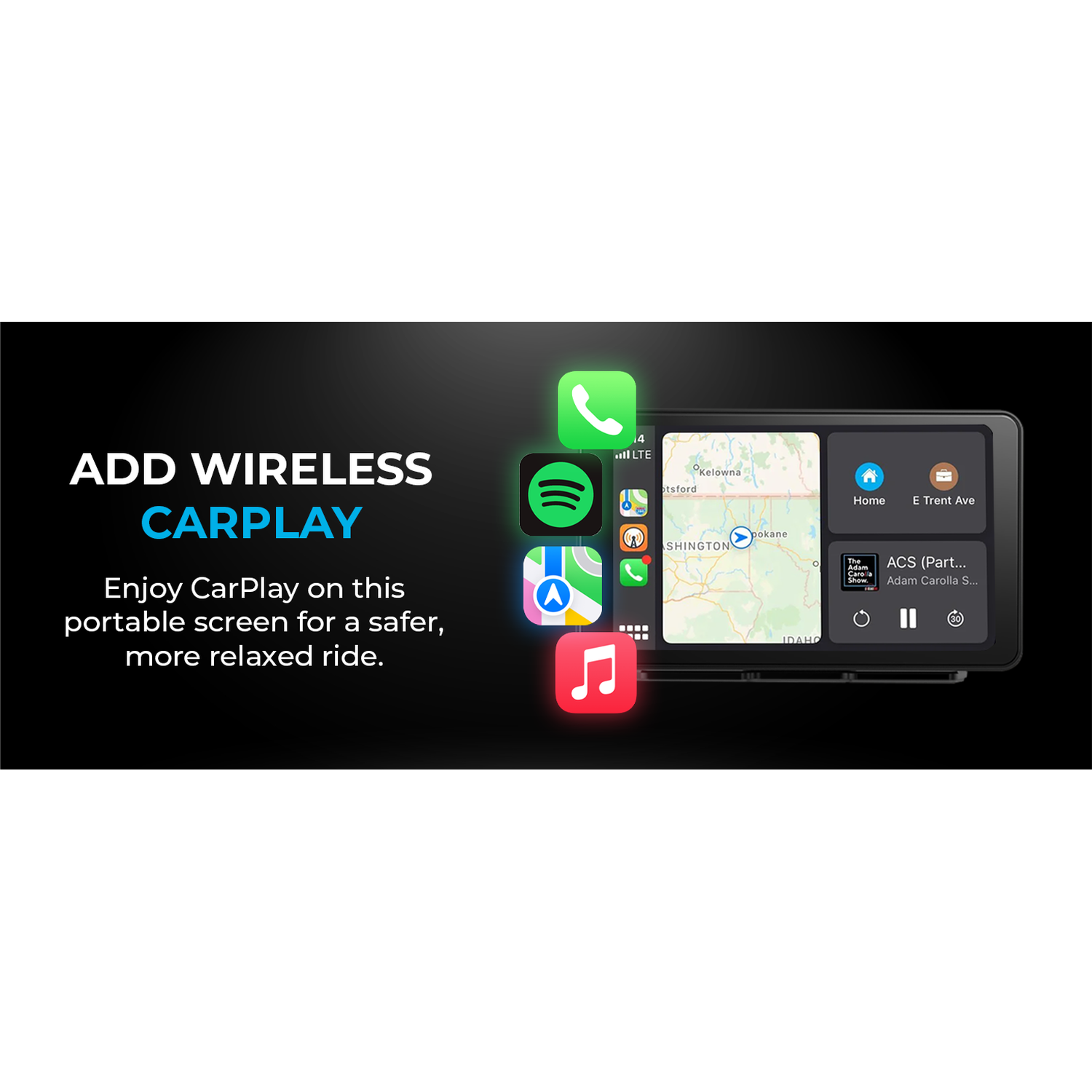 Screen showing wireless CarPlay with Spotify, Phone, Maps, and Music apps.