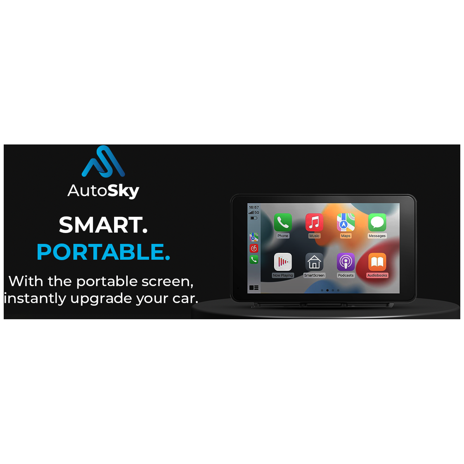 AutoSky logo, text 'SMART. PORTABLE.' and a car infotainment screen.