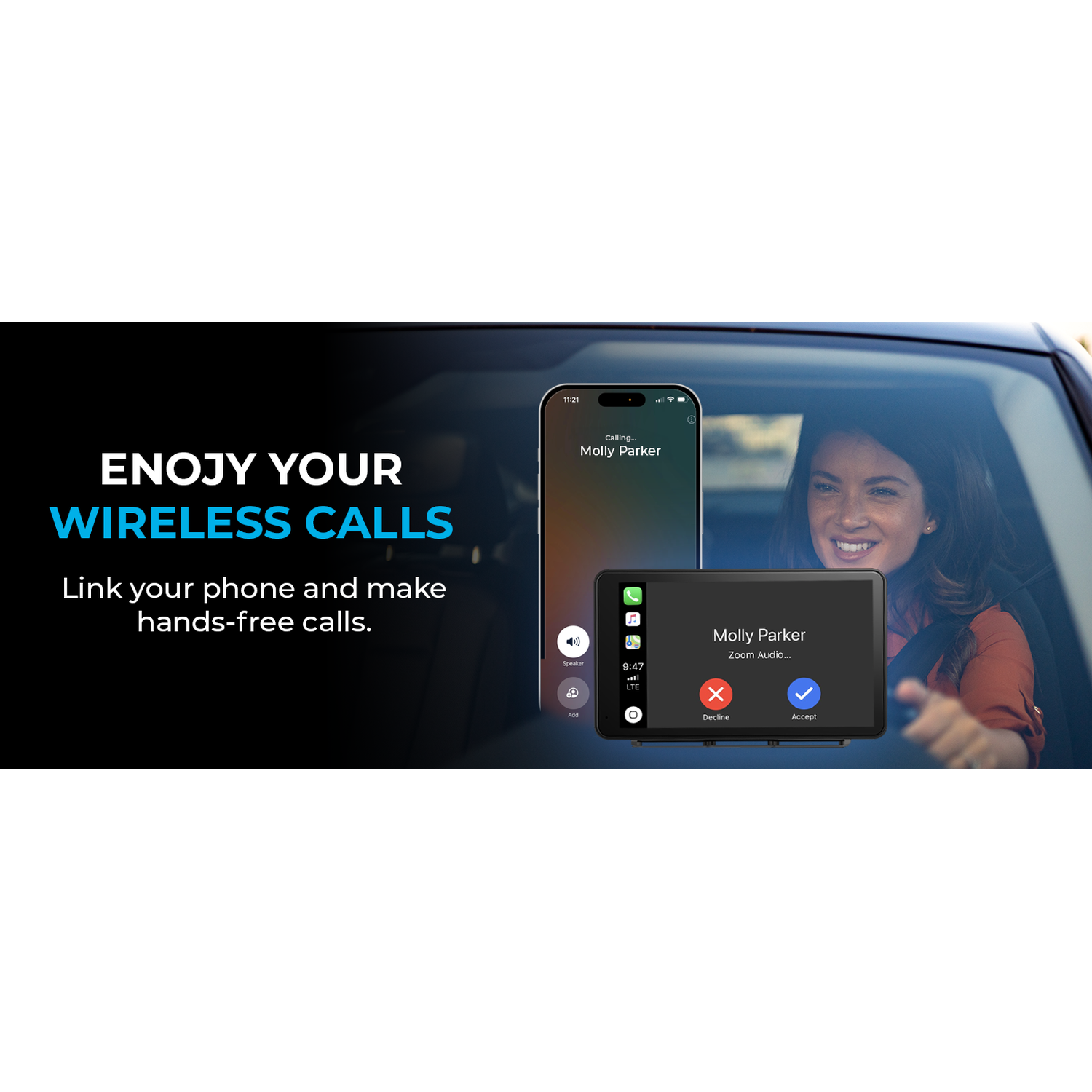 A woman driving a car uses a car infotainment system for wireless calls.
