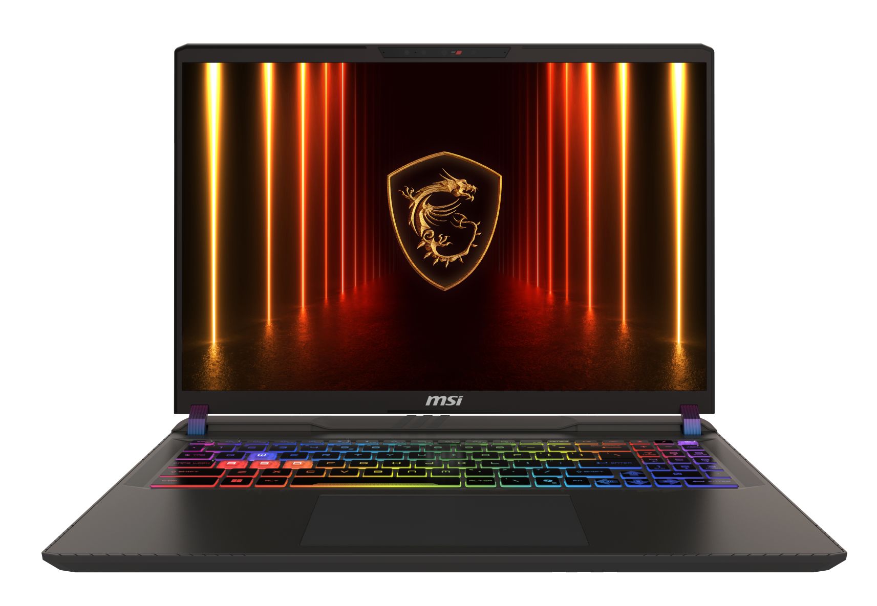 Laptop gamingowy MSI z podświetlaną klawiaturą i logo smoka.