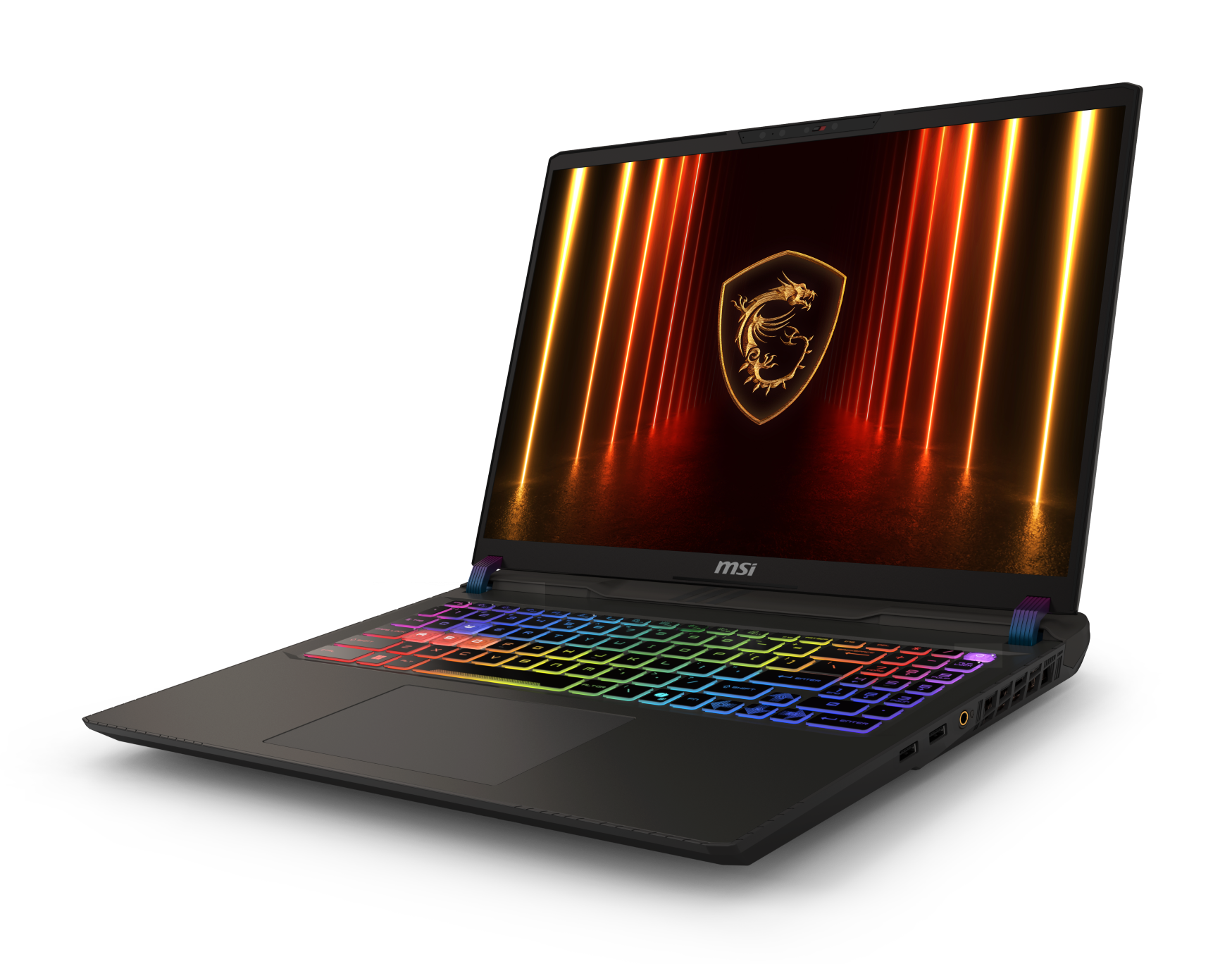 Otwarty czarny laptop MSI z podświetlaną klawiaturą i logo smoka na ekranie.