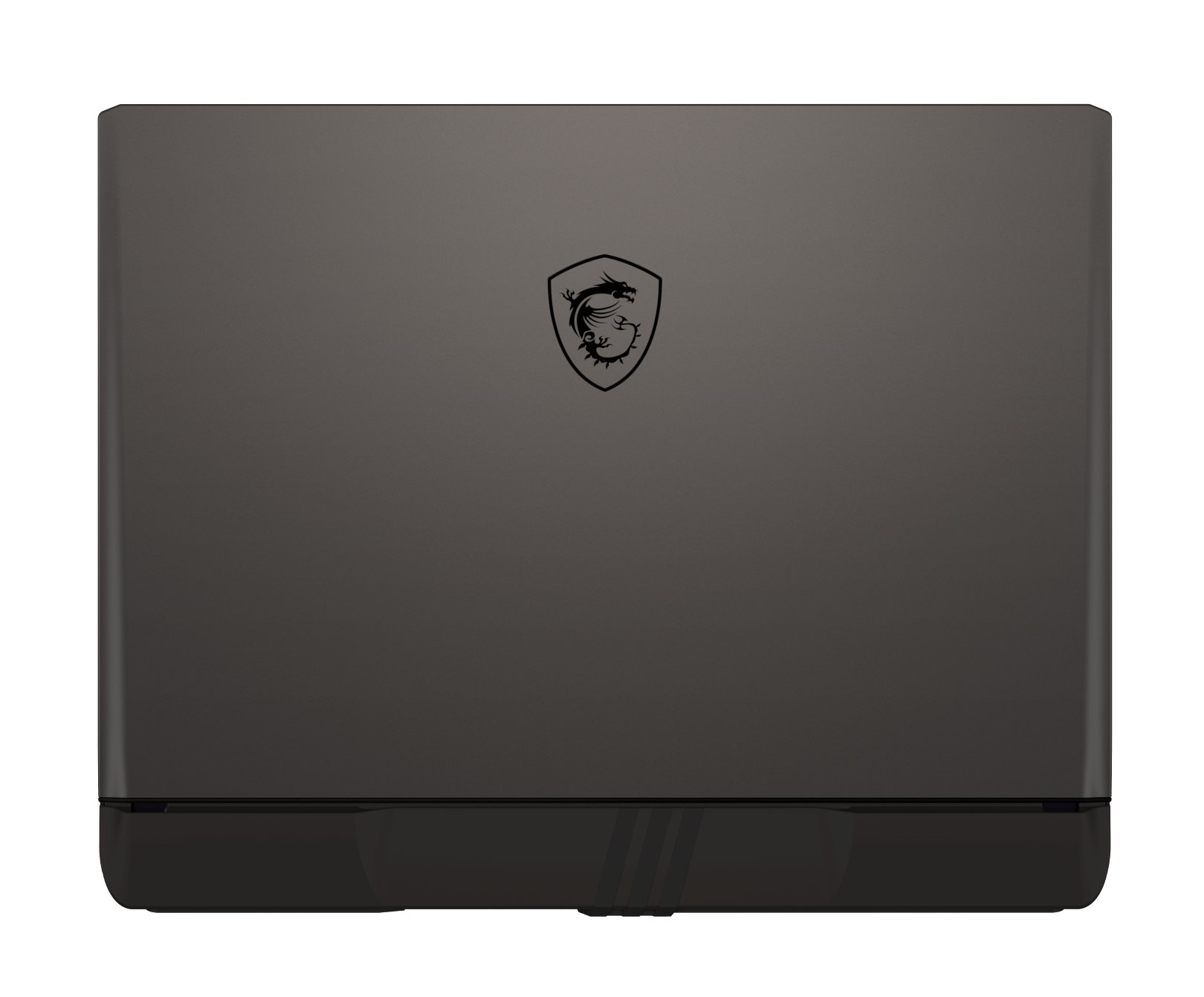 Ciemnoszary laptop z czarnym logo smoka MSI pośrodku.