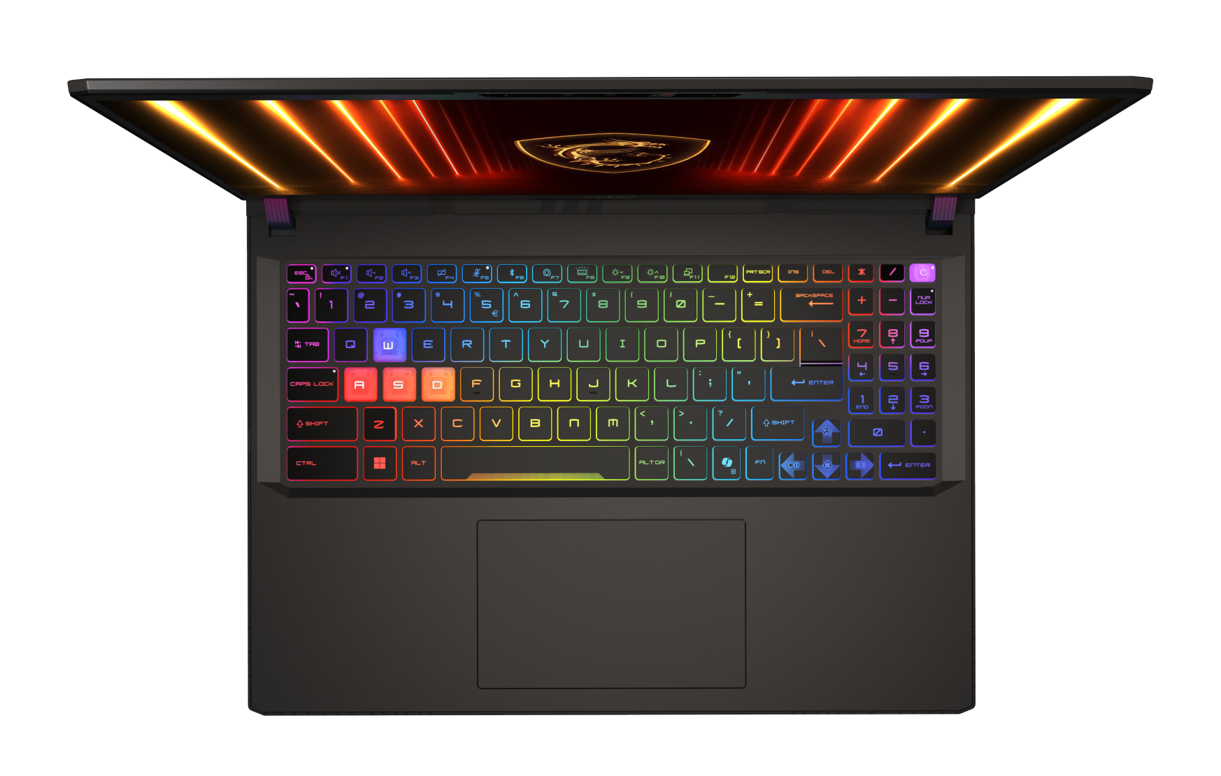 Otwarty laptop z podświetlaną klawiaturą i logo w tle.