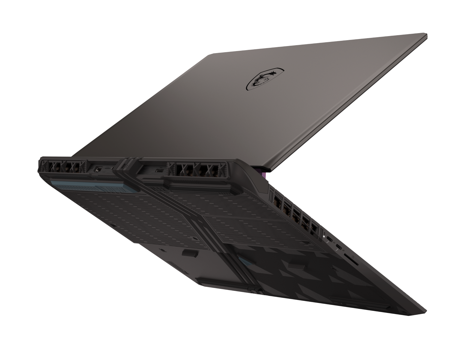 Ciemny laptop gamingowy z otwartą pokrywą, unoszący się na czarnym tle.