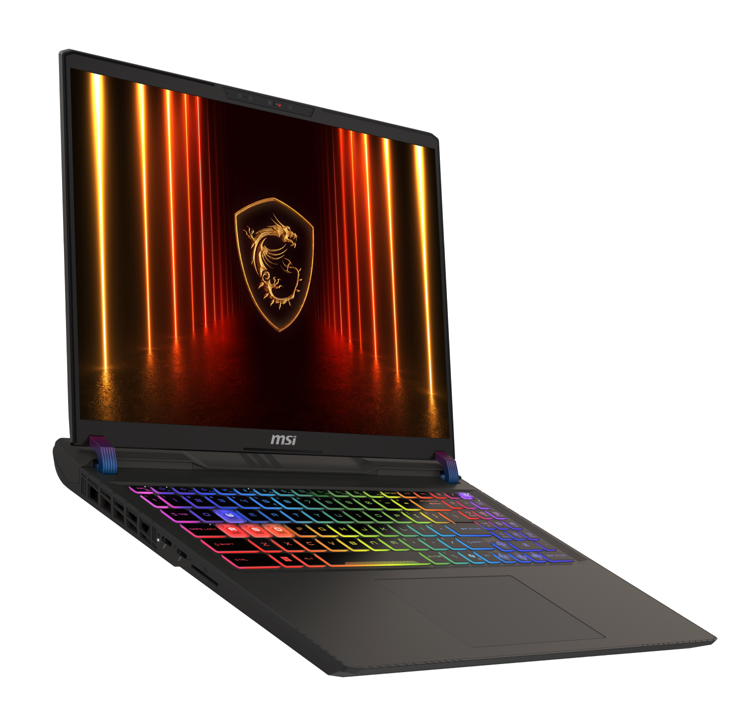 Czarny laptop MSI z podświetlaną klawiaturą i logo smoka na ekranie.