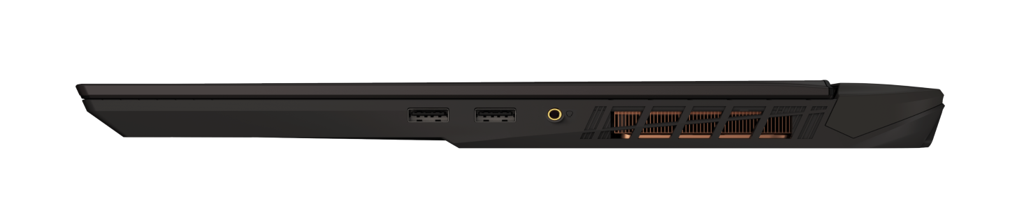 Czarny bok laptopa z portami USB, gniazdem audio i otworami wentylacyjnymi.