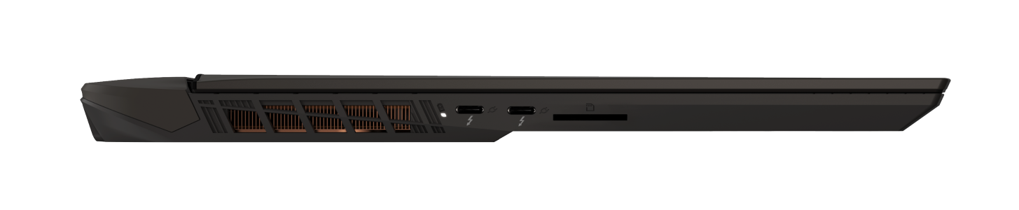 Widok z boku ciemnego laptopa z otworami wentylacyjnymi i portami.