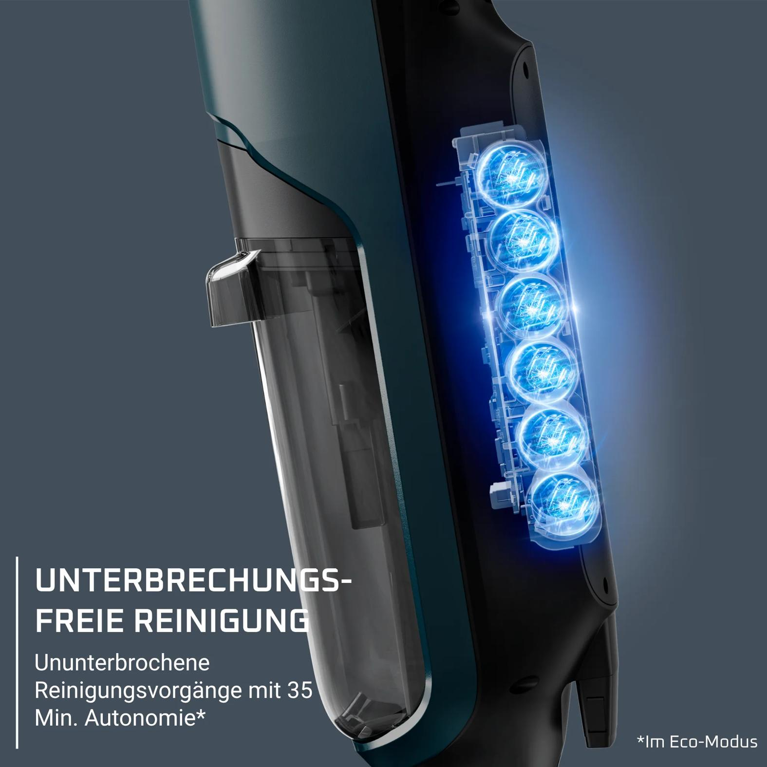 Staubsauger mit transparentem Staubbehälter und leuchtenden blauen Akkus.