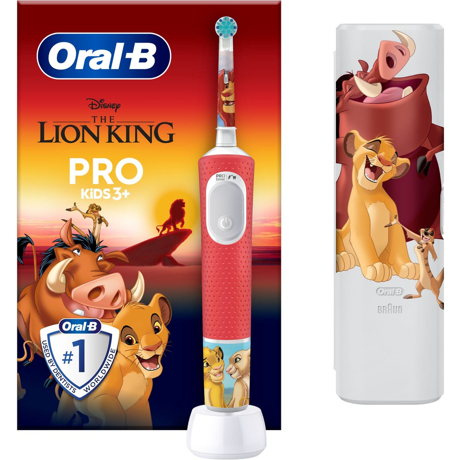 Emballage de brosse à dents électrique Oral-B avec les personnages du Roi Lion Simba, Timon et Pumbaa.