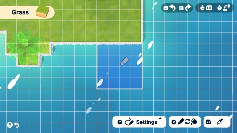 Una pantalla de juego con áreas de césped verde y agua azul.
