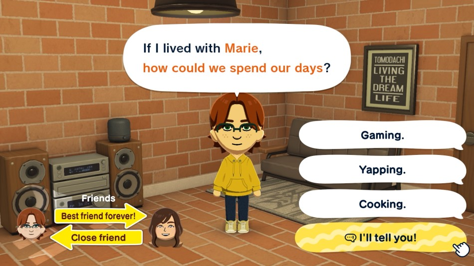 Un personaje pregunta cómo pasar los días con Marie. Opciones: Jugar, Charlar, Cocinar.