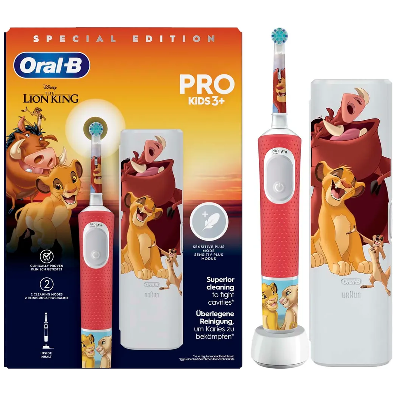 Brosse à dents électrique Oral-B Pro Kids 3+ thème "Le Roi Lion", socle de chargement, emballage.