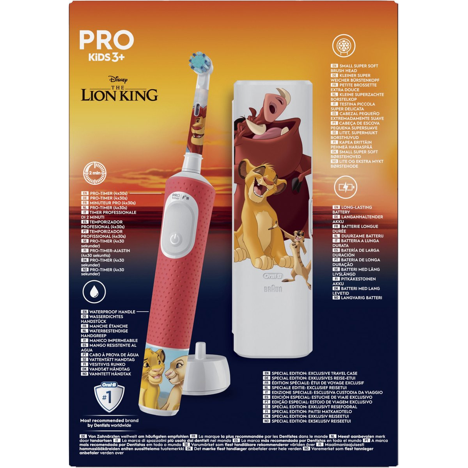 Brosse à dents Pro Kids motif Roi Lion, base de recharge et étui voyage.