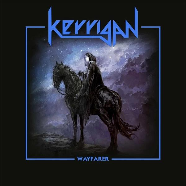 Ein Sensenmann reitet ein dunkles Pferd unter einem sternenklaren, bewölkten Himmel. Text: 'KERRIGAN WAYFARER'.