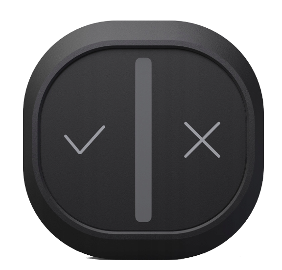Szary okrągły przycisk z haczykiem po lewej i krzyżykiem po prawej.