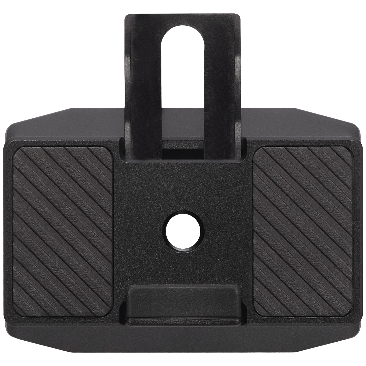 Un support de caméra noir avec un trou central et des zones texturées.