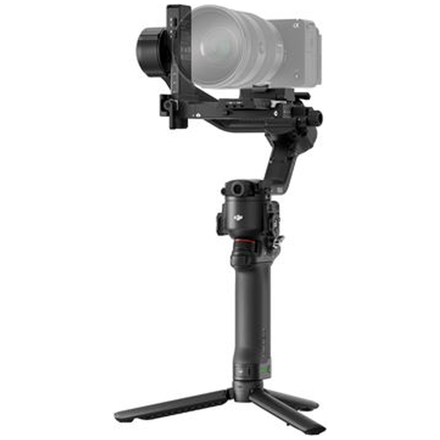 A black camera gimbal stabilizer with a camera and a small tripod base.