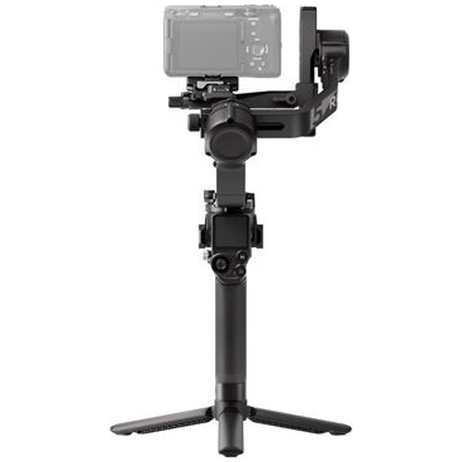 A black camera gimbal with a small gray camera screen on a tripod.
