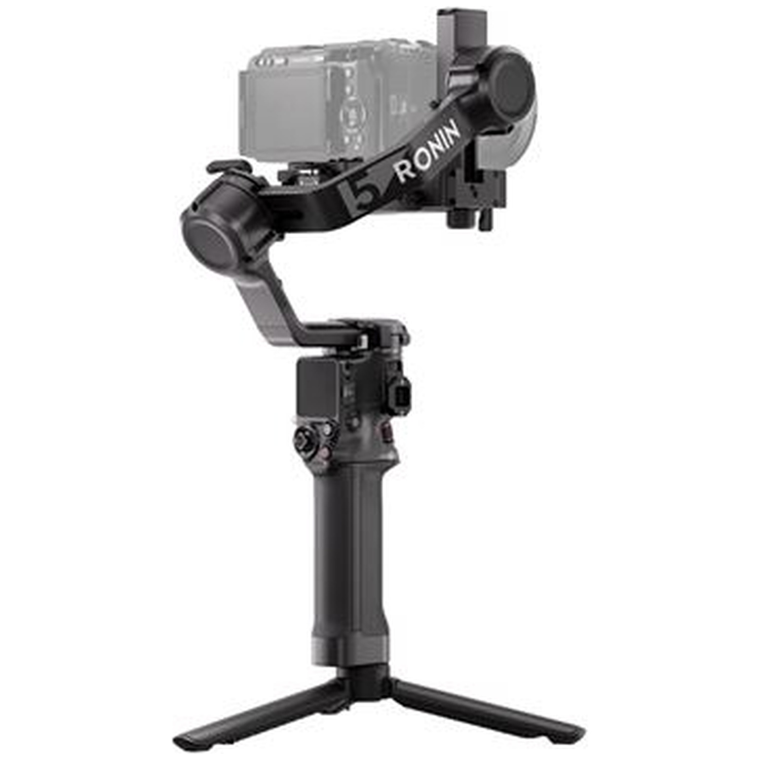 A black camera gimbal with a camera body attached and a tripod base.