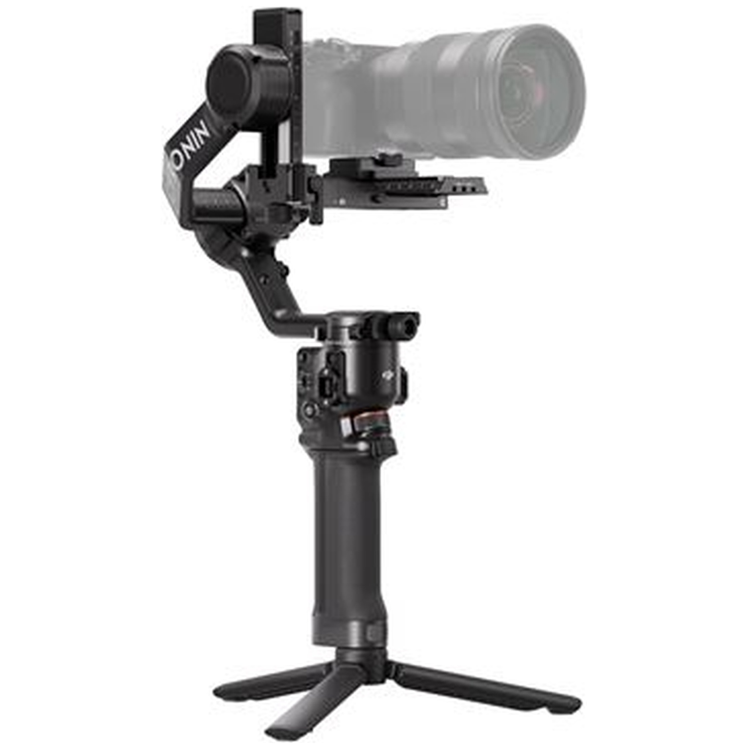 A black camera gimbal with a lens, mounted on a tripod.