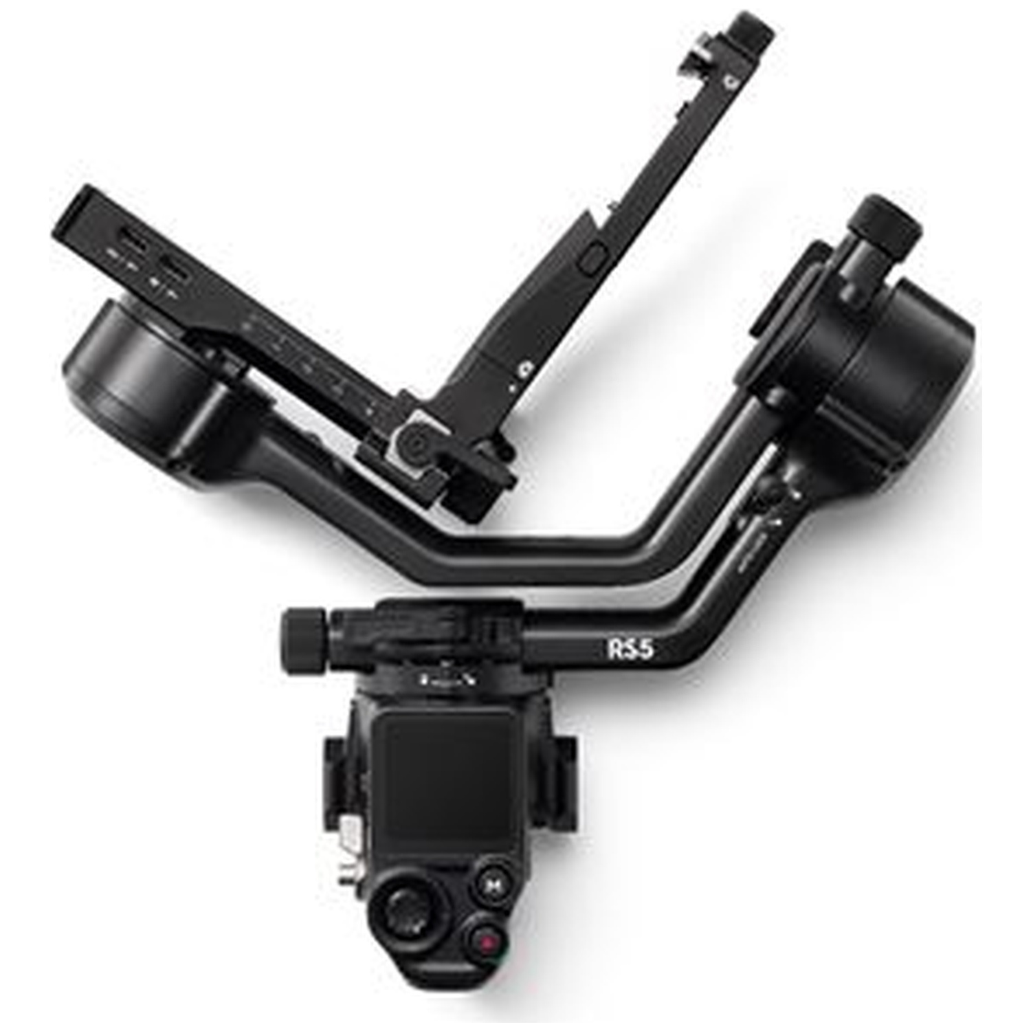 A black camera gimbal with RS5 marking on a white background.