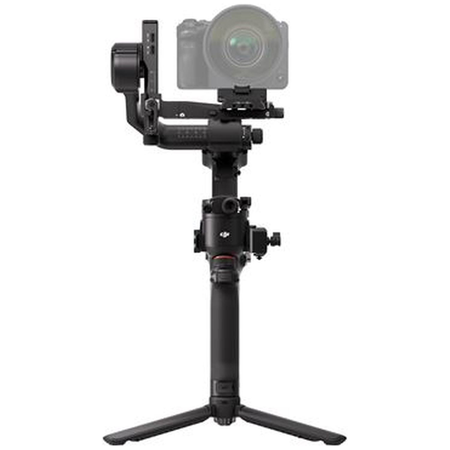 Black gimbal with camera on tripod.