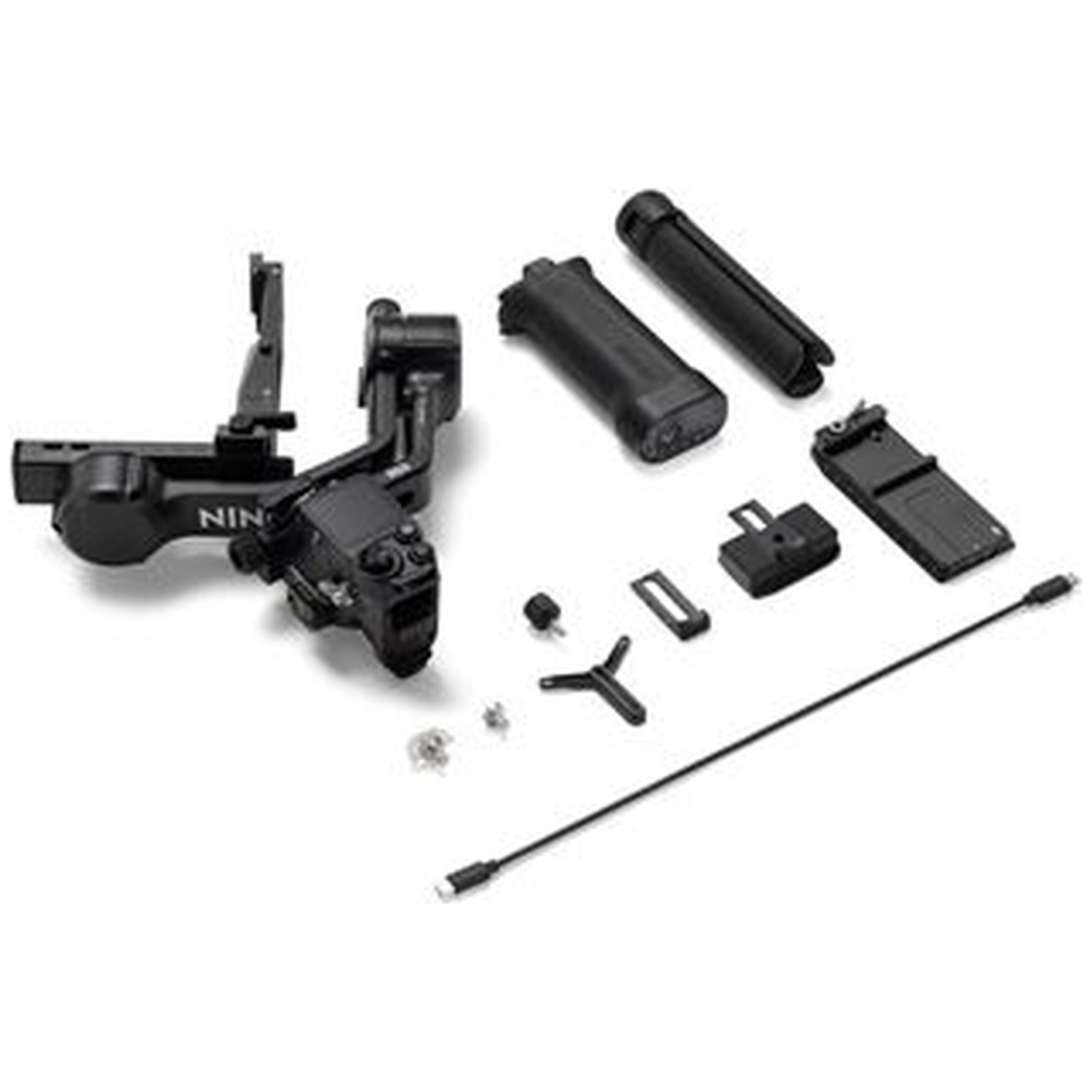 Black camera gimbal parts and accessories laid out on a white background.