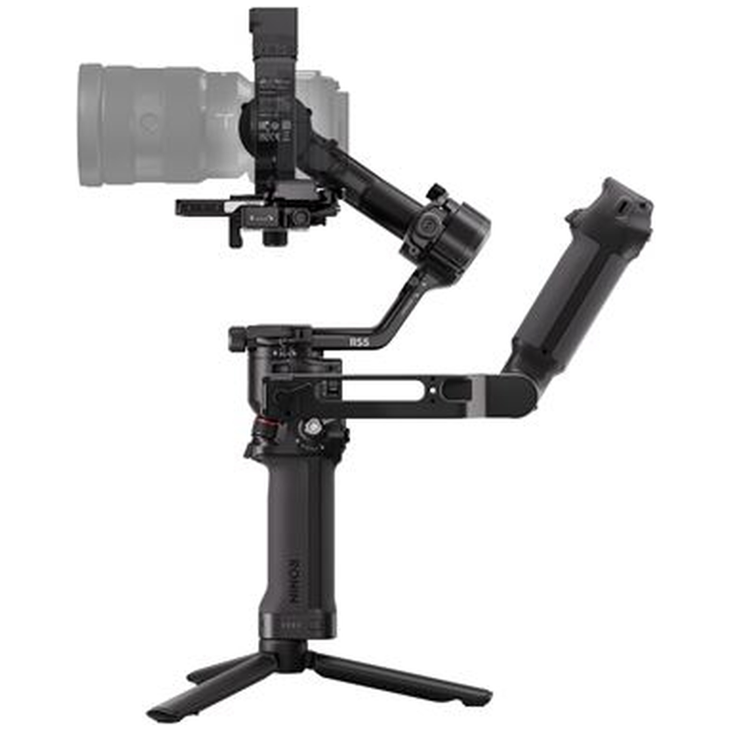 A black camera gimbal with a lens, set on a tripod.