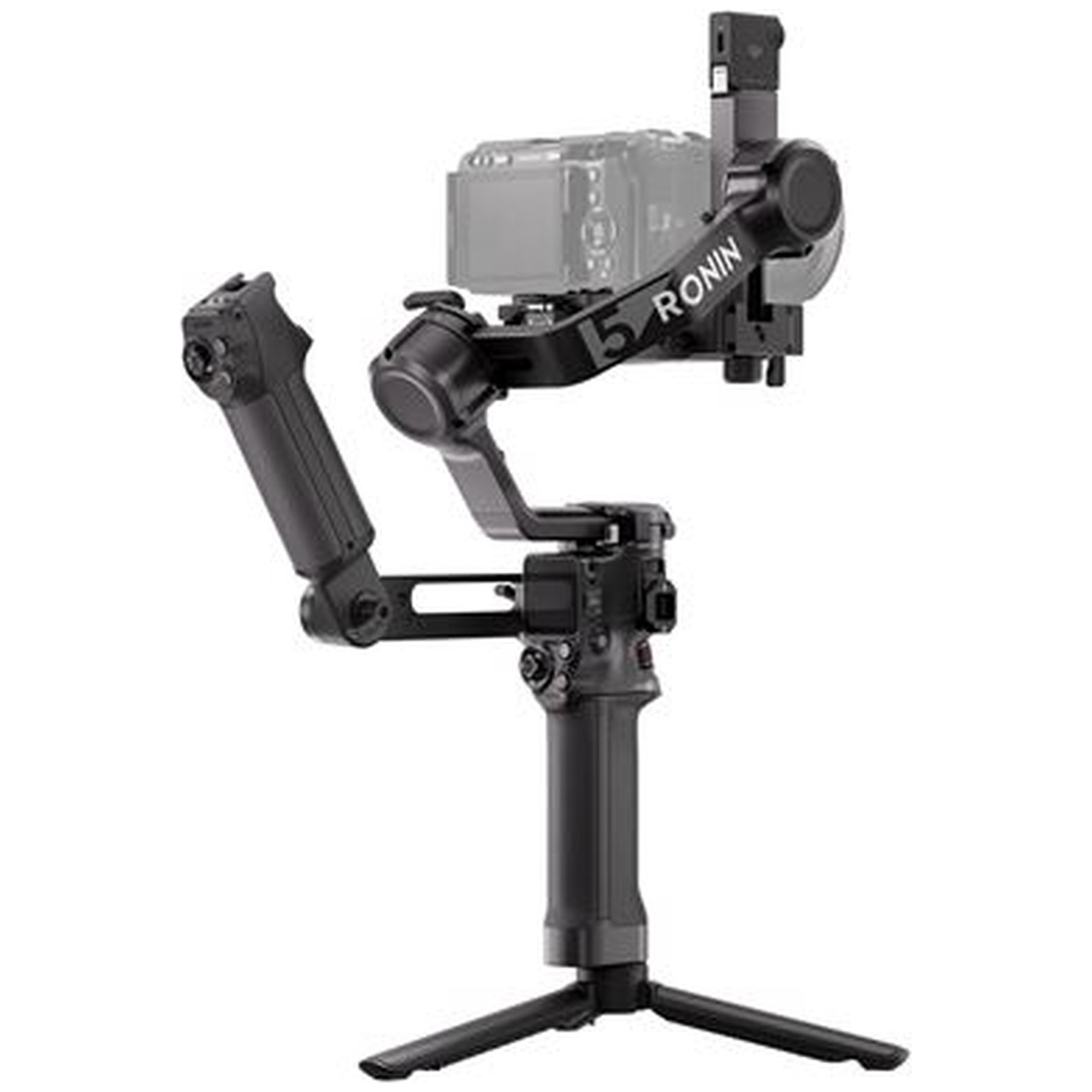 A black camera gimbal with camera and tripod attached.