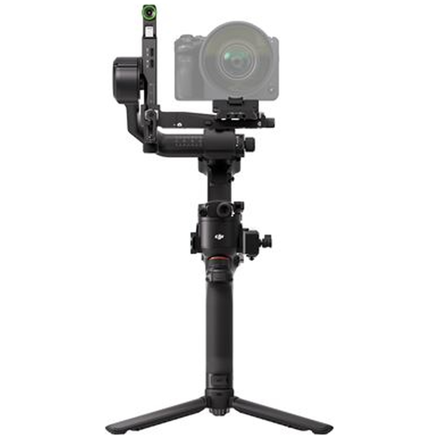 A black camera gimbal with a camera and tripod, on a white background.
