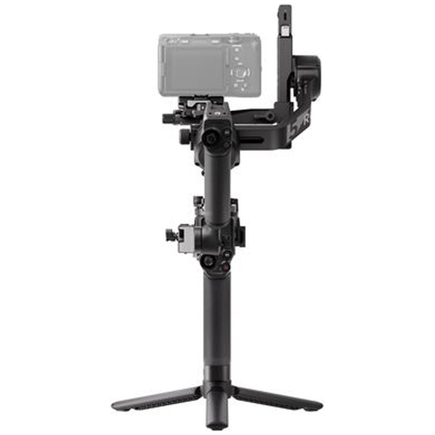A black camera gimbal with a gray camera attached, on a white background.