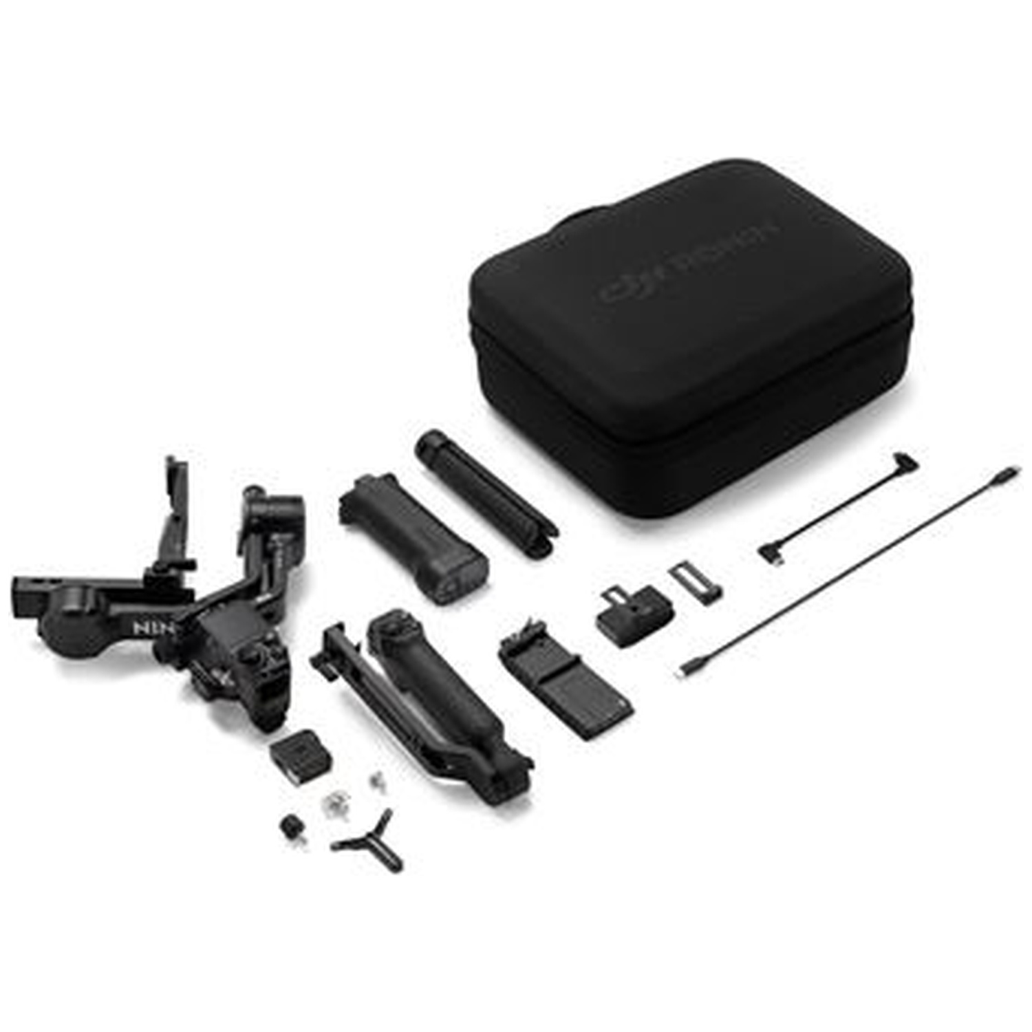 A black gimbal with accessories and a storage case on a white background.