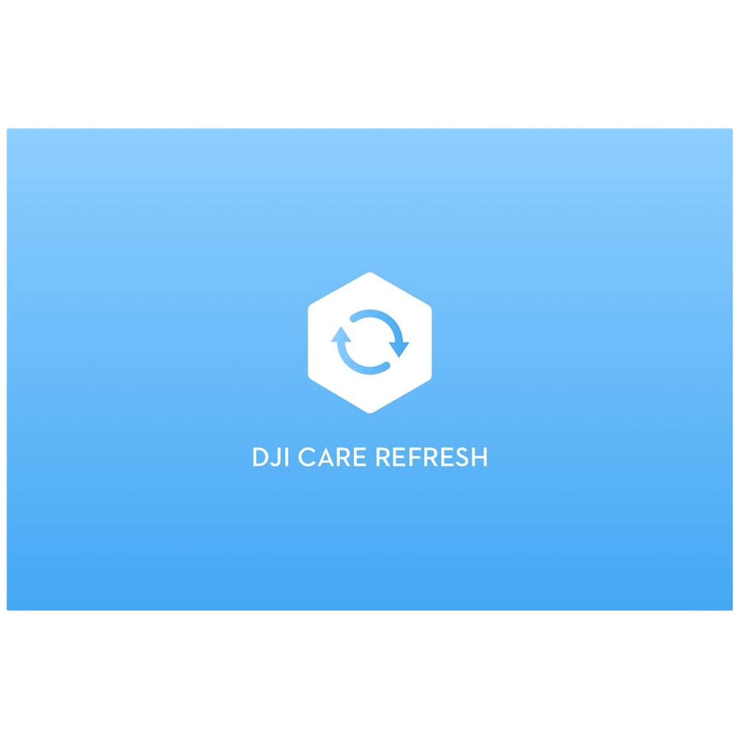 Zeshoekig icoon met pijlen en tekst "DJI CARE REFRESH" op blauwe achtergrond.