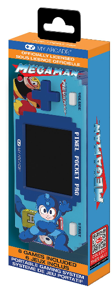 Verpackung eines blauen Mega Man Handheld-Spiels mit Mega Man-Grafiken und Text.