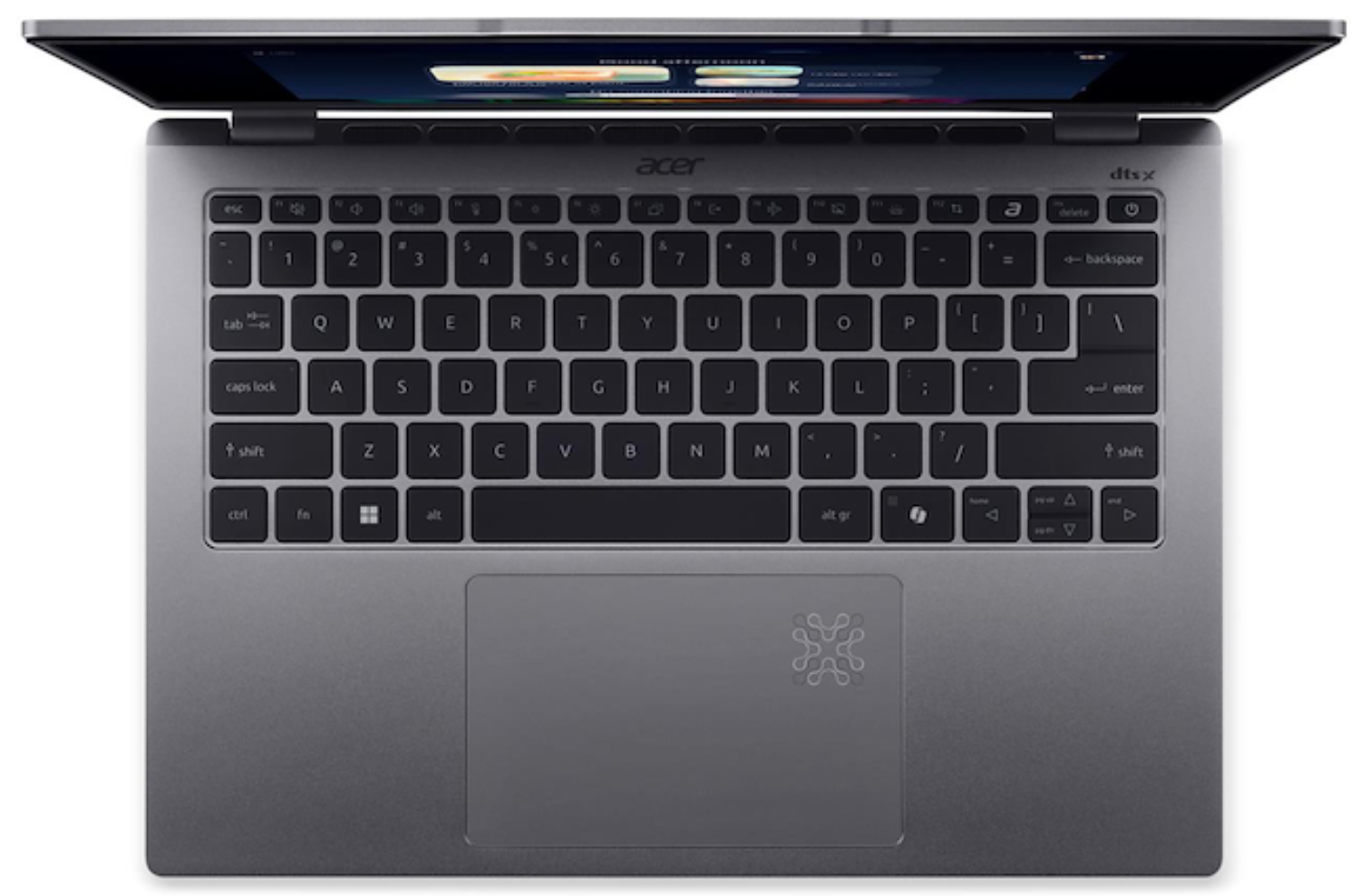 Un portátil gris abierto que muestra el teclado y el panel táctil.