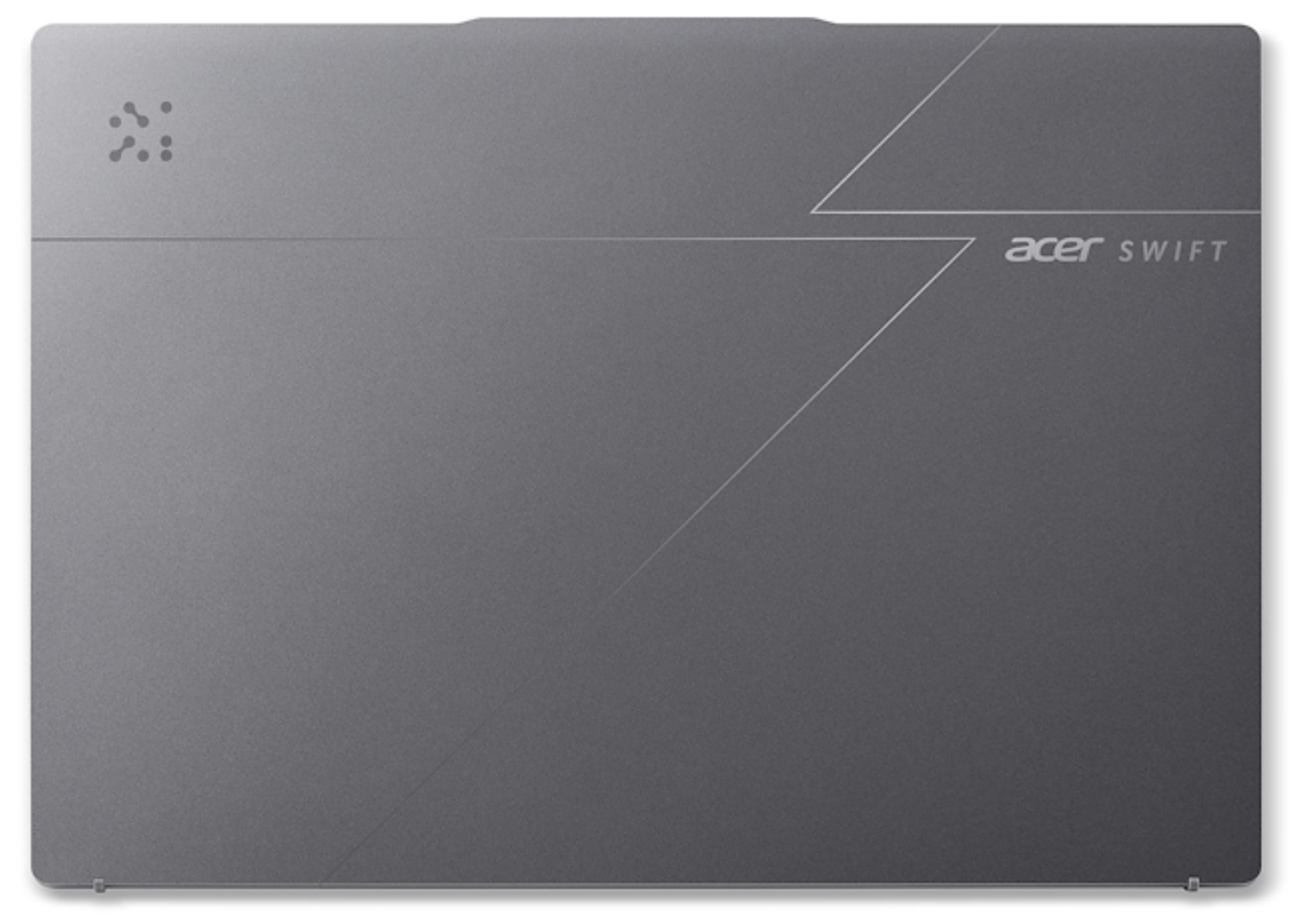 Tapa de portátil gris con logo Acer Swift y líneas geométricas.