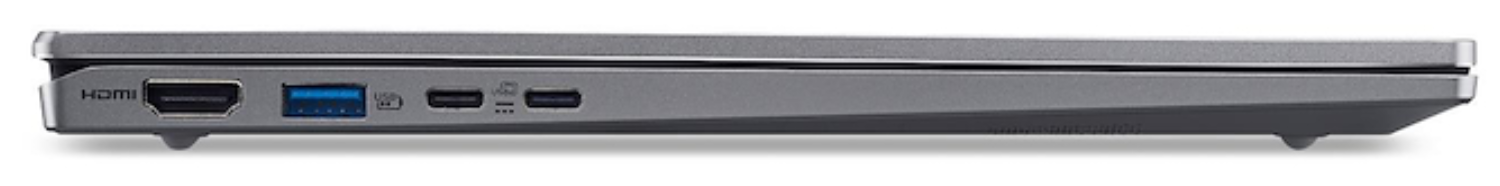 Primer plano de los puertos de un portátil gris: HDMI, USB-A y USB-C.