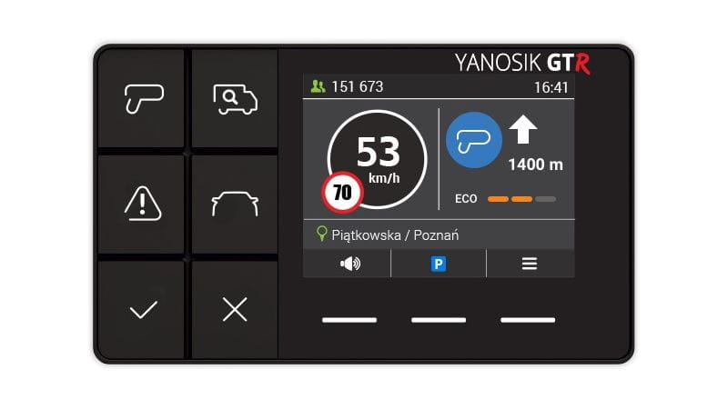 Wyświetlacz pojazdu: 53 km/h, 1400 m, lokalizacja Piątkowska/Poznań.