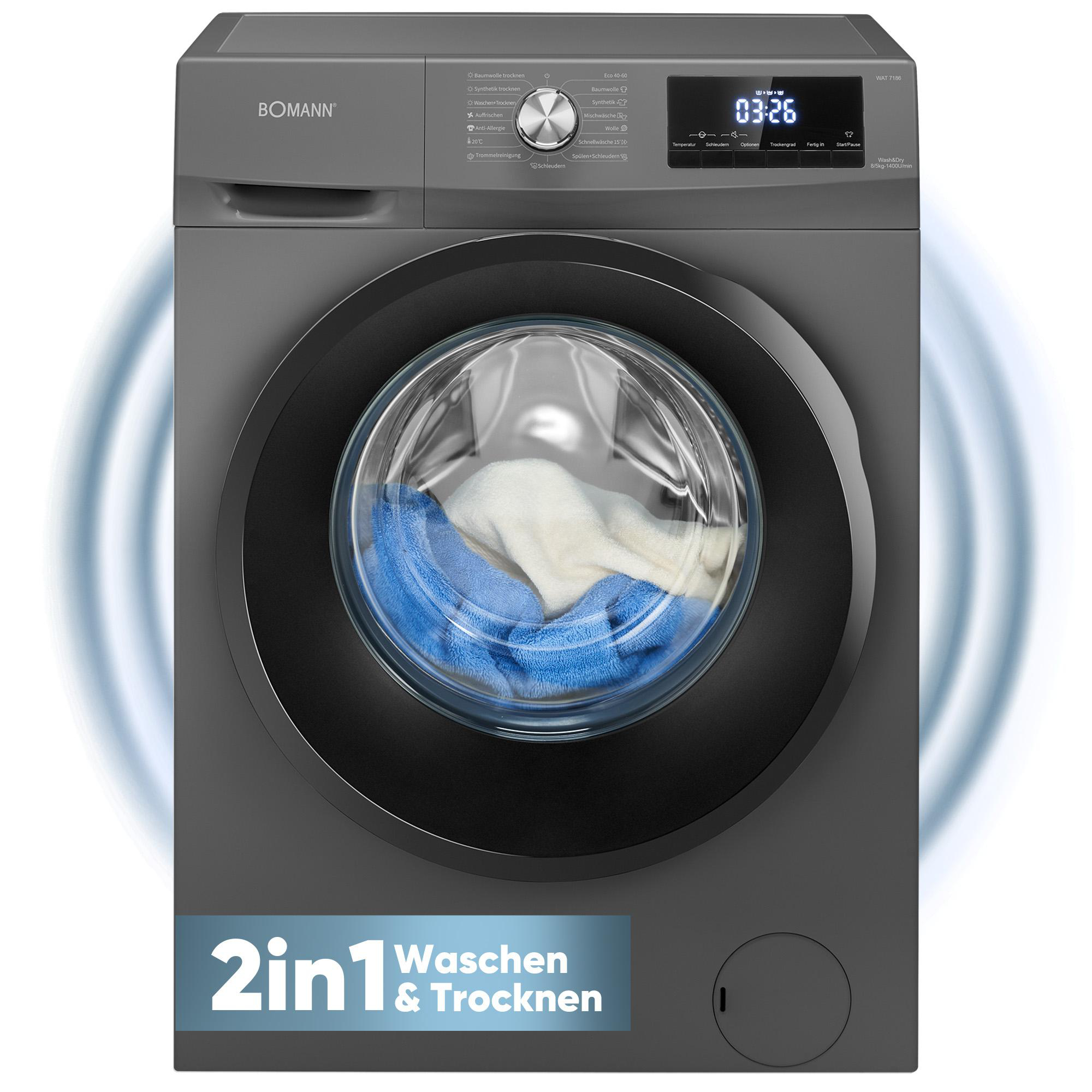 Graue Bomann Waschmaschine mit digitaler Anzeige und einer Trommel mit blauer und weißer Wäsche.