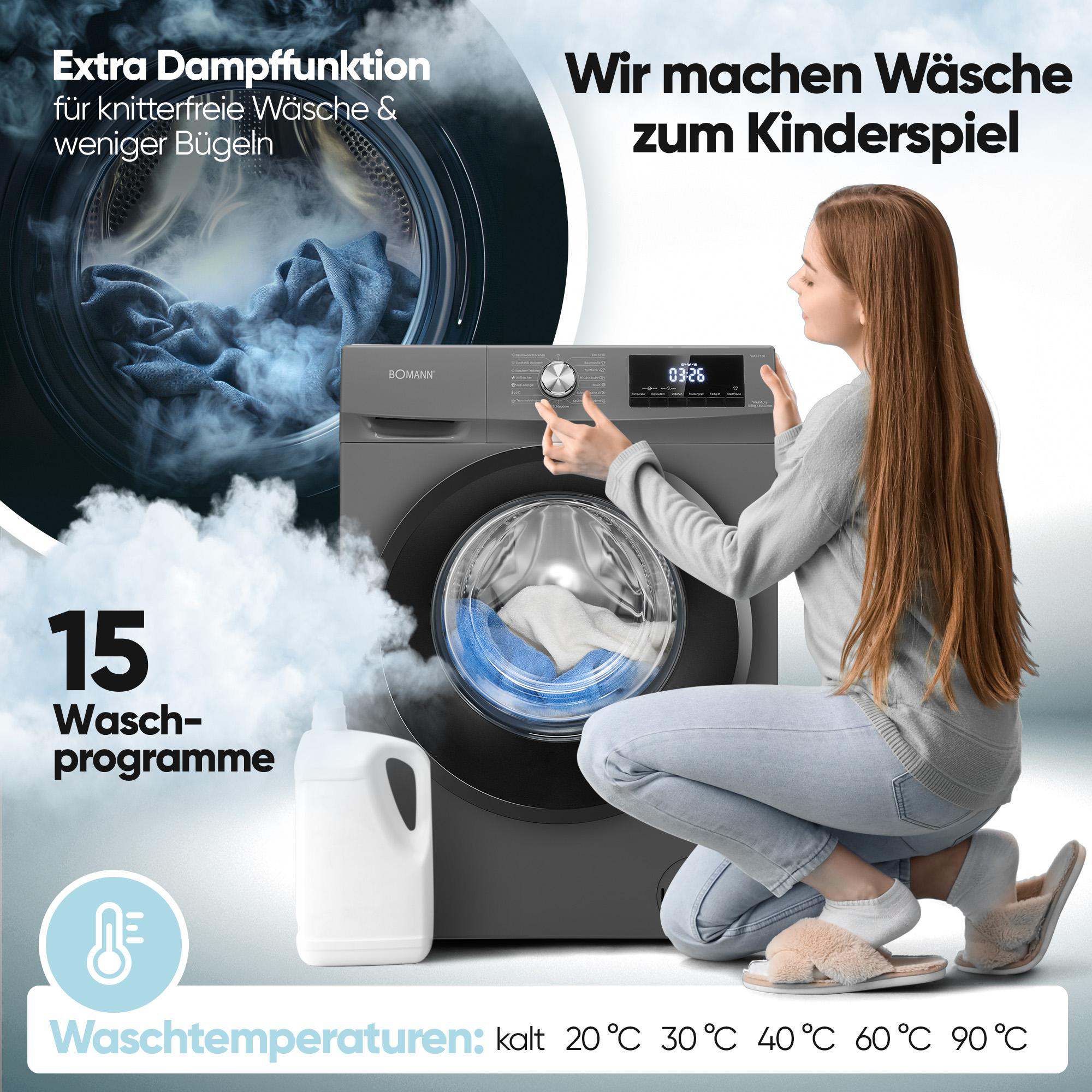 Frau kniet vor einer grauen Waschmaschine mit dampfender Wäsche und Wählung von Programmen.
