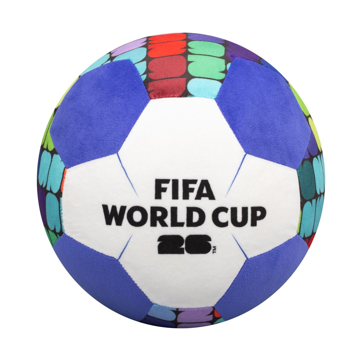 Un pallone da calcio con testo FIFA WORLD CUP 26 in pannelli colorati.