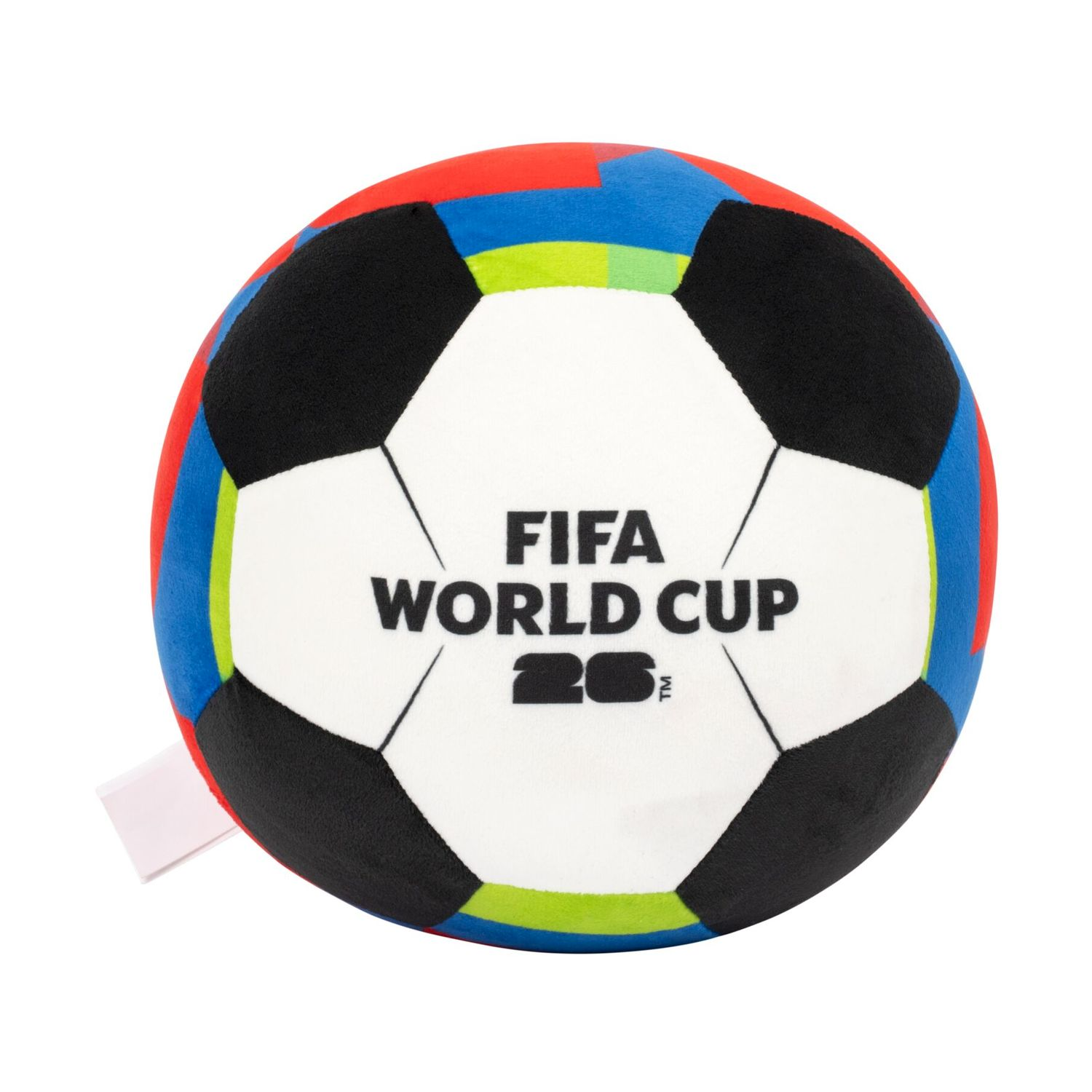 Un pallone da calcio di peluche con testo FIFA WORLD CUP 2026, con segmenti neri, bianchi e colorati.