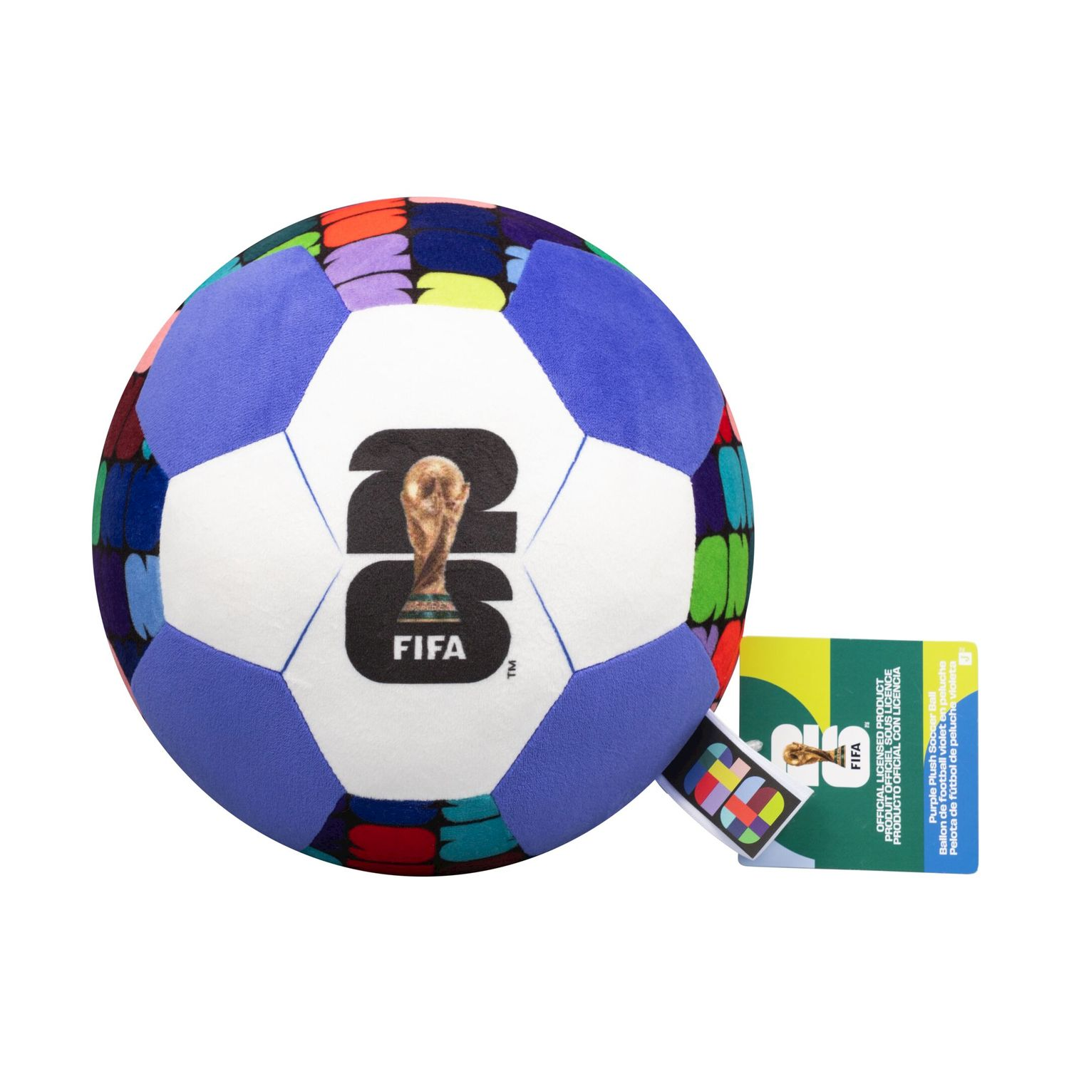 Pallone da calcio viola in peluche con pannelli colorati e logo FIFA.