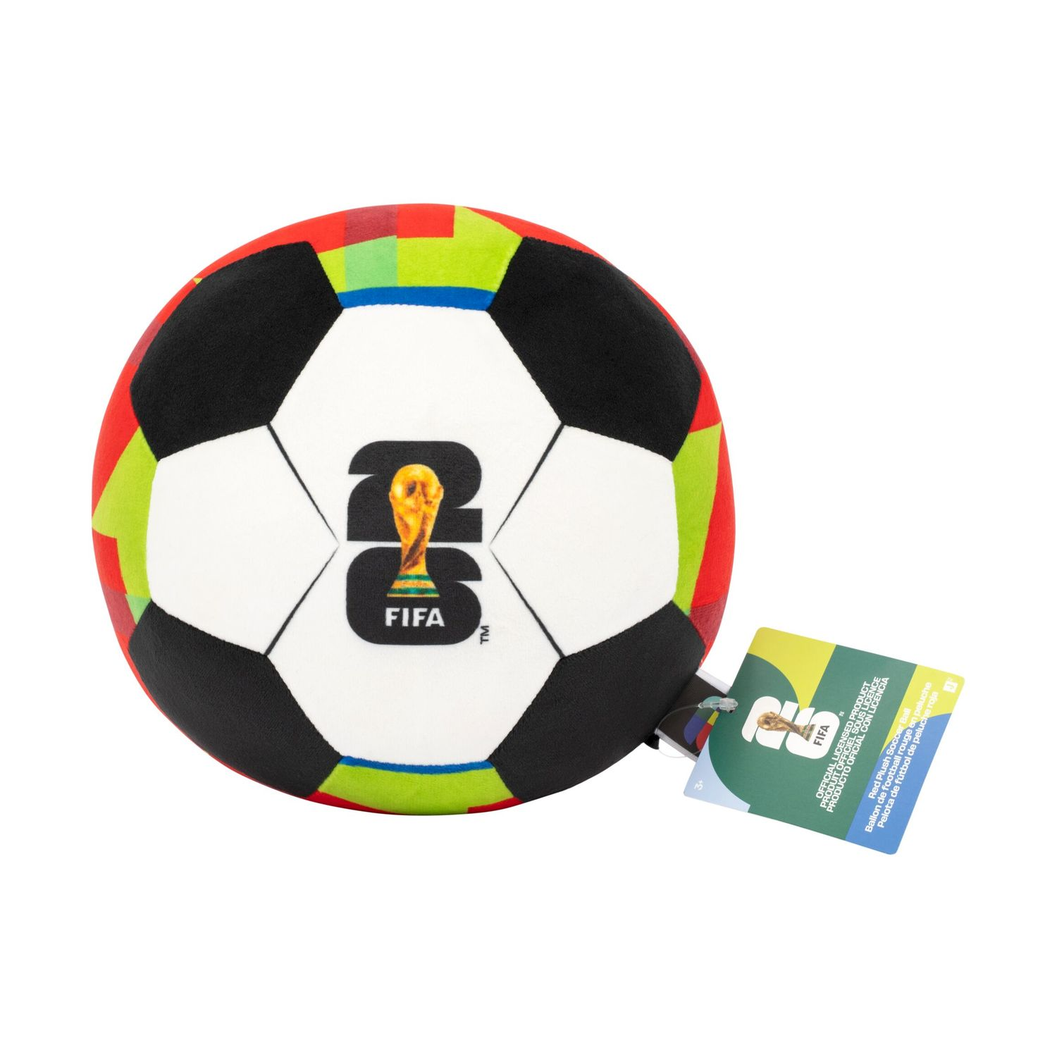 Pallone da calcio rosso in peluche con logo FIFA e pannelli colorati.
