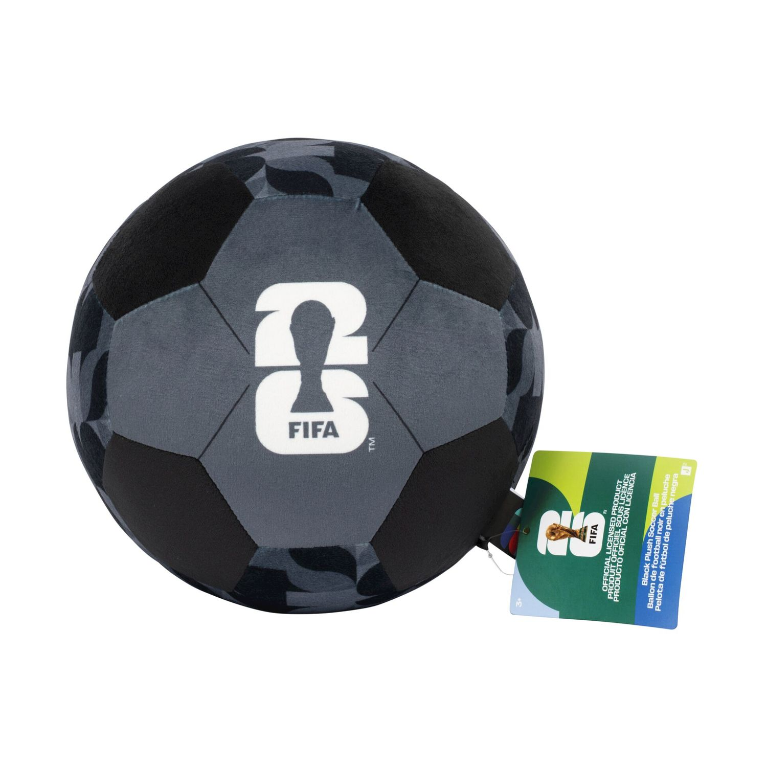 Un pallone da calcio di peluche nero con logo FIFA e motivo. È visibile un'etichetta.