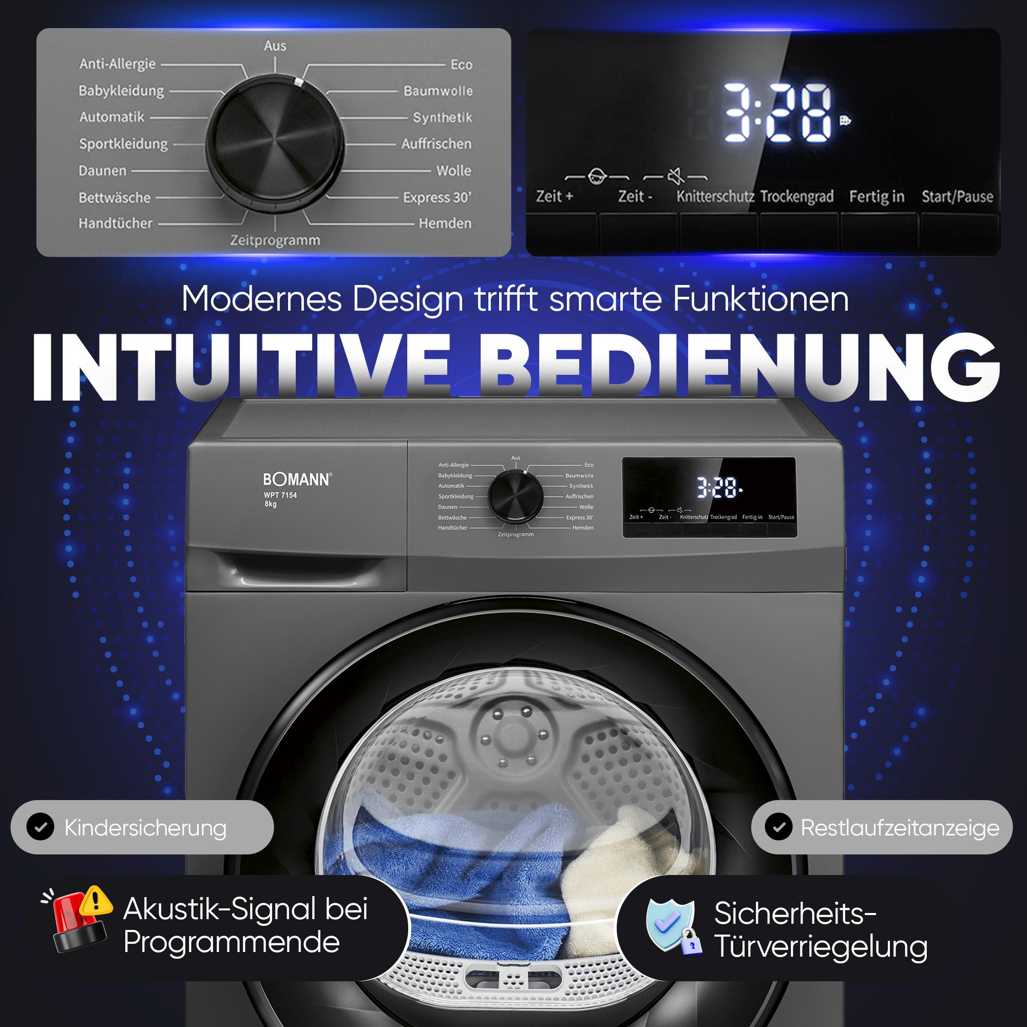 Moderne Waschmaschine mit intuitivem Bedienfeld, Programmauswahl und digitaler Anzeige.