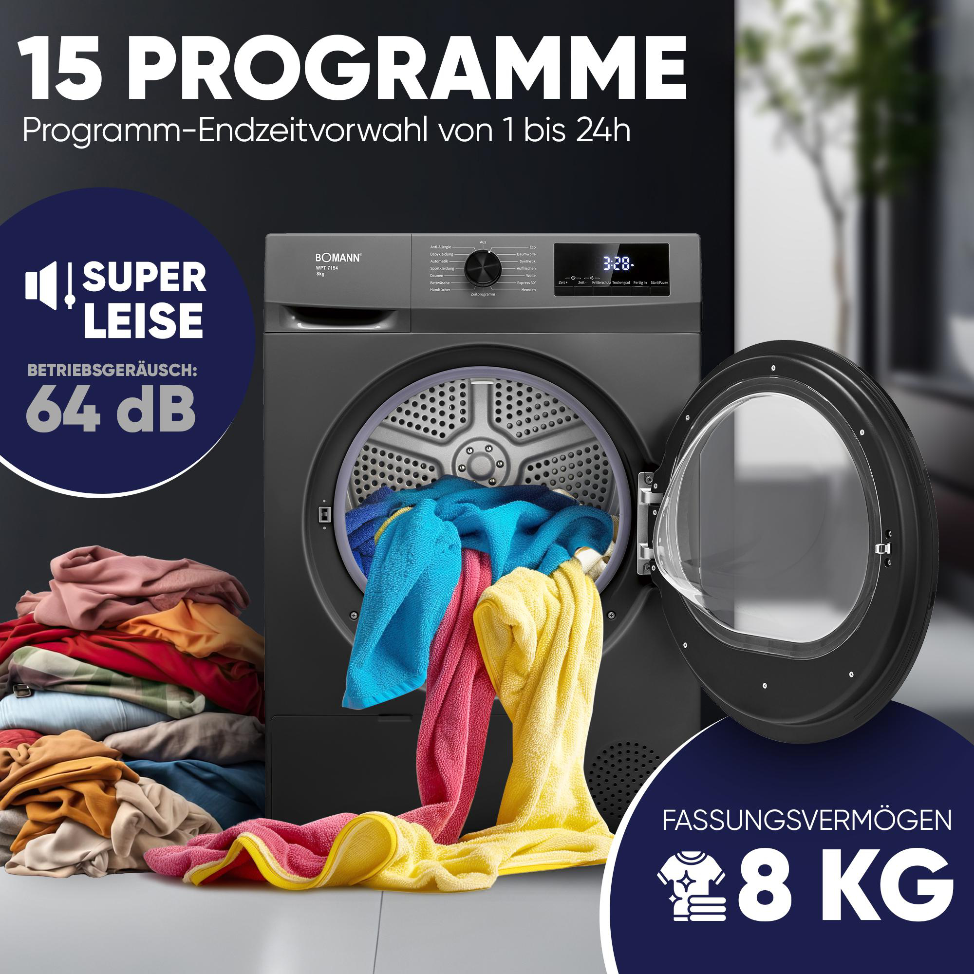 Grauer Wäschetrockner mit offener Tür, gefüllt mit bunten Handtüchern. Stapel Wäsche daneben.