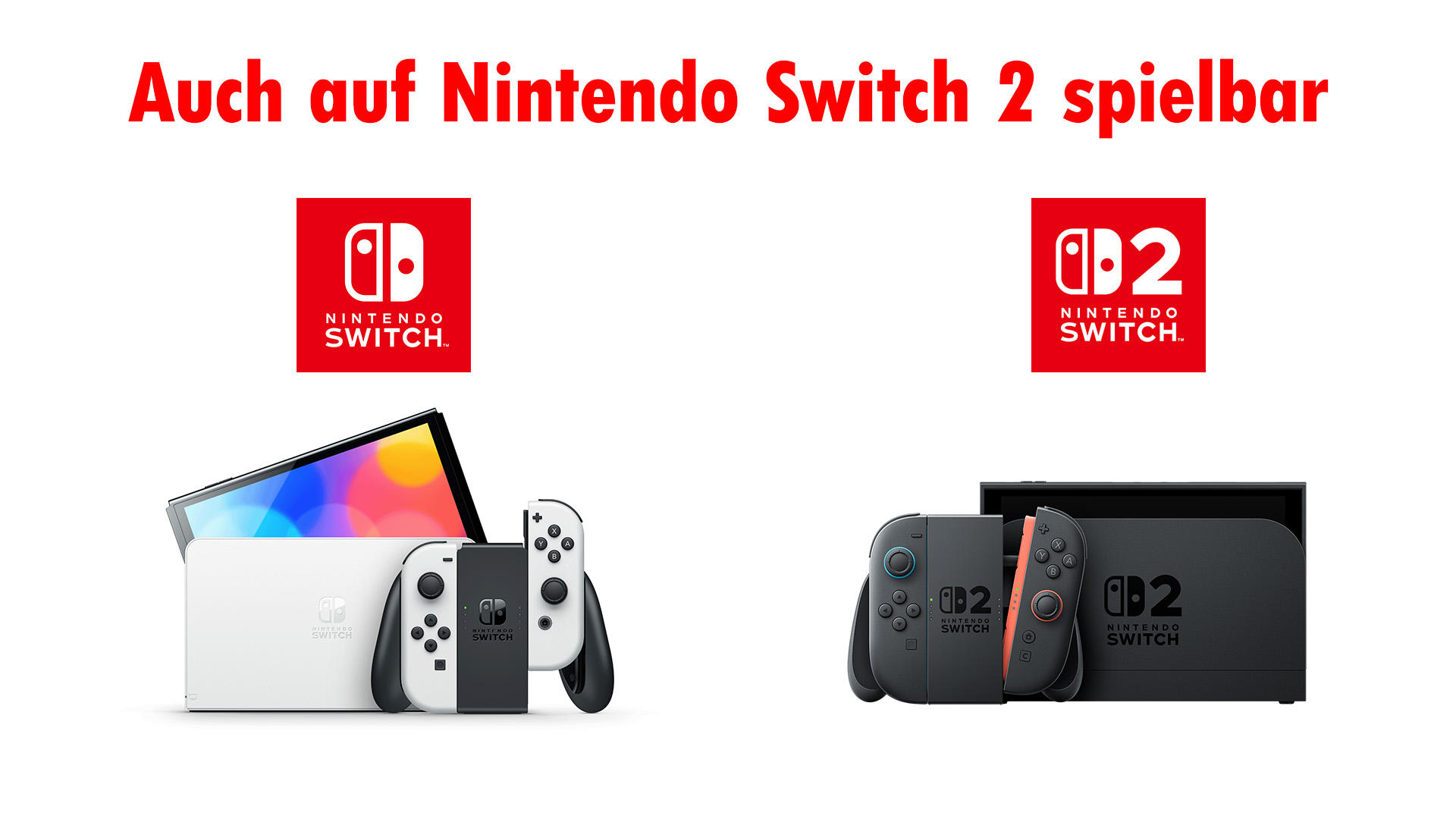 Nintendo Switch und Switch 2 Konsolen mit Controllern.