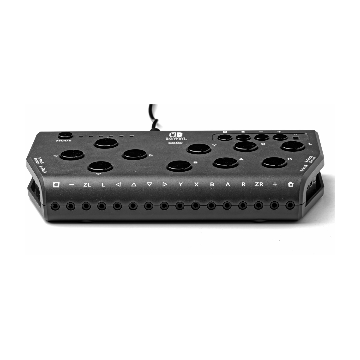 Un controller nero Nintendo Switch con numerosi pulsanti e porte.